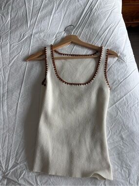 SEZANE Cream Ribbed Tank Top with Brown Trim